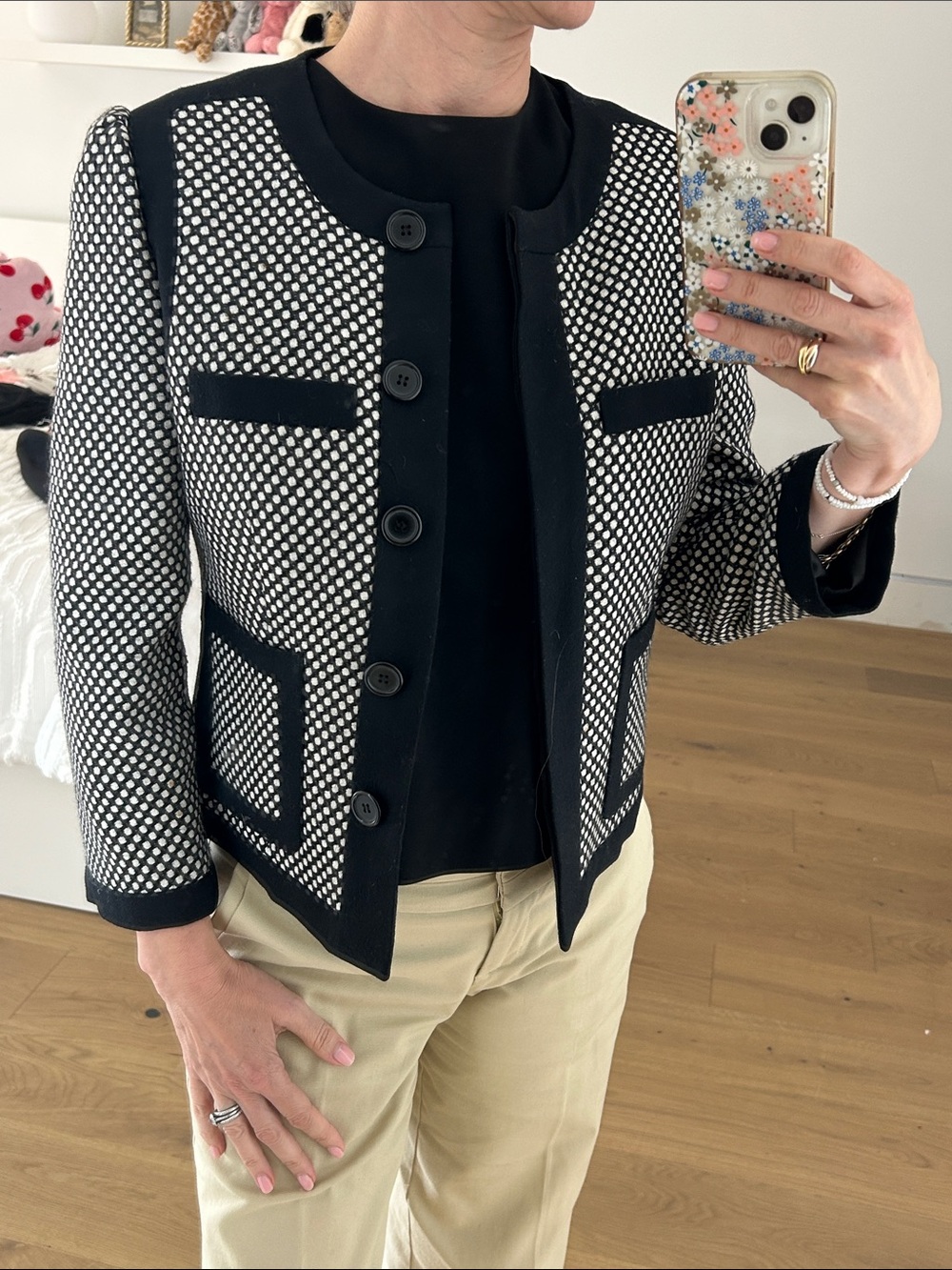 Club Monaco Black and White Patterned 3/4 sleeve Blazer